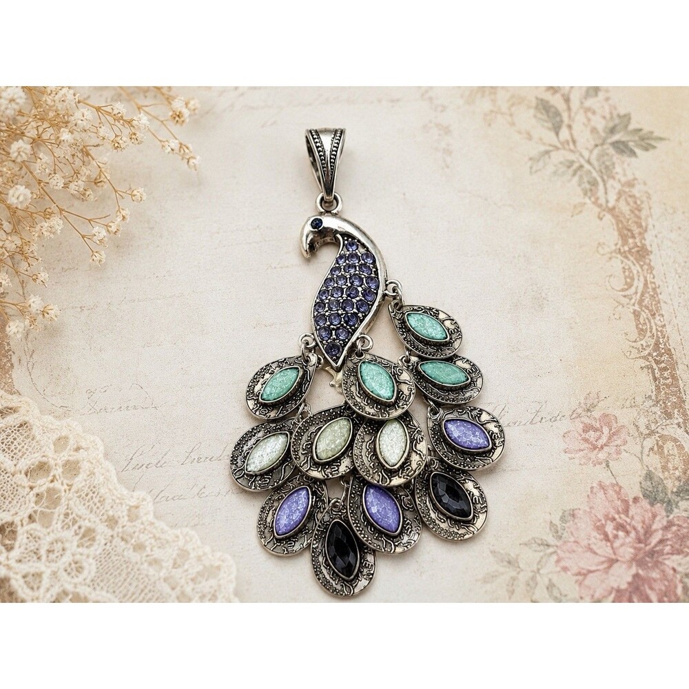 Vintage Peacock Pendant Silver Tone Articulated Dangle Rhinestone Statement 3”